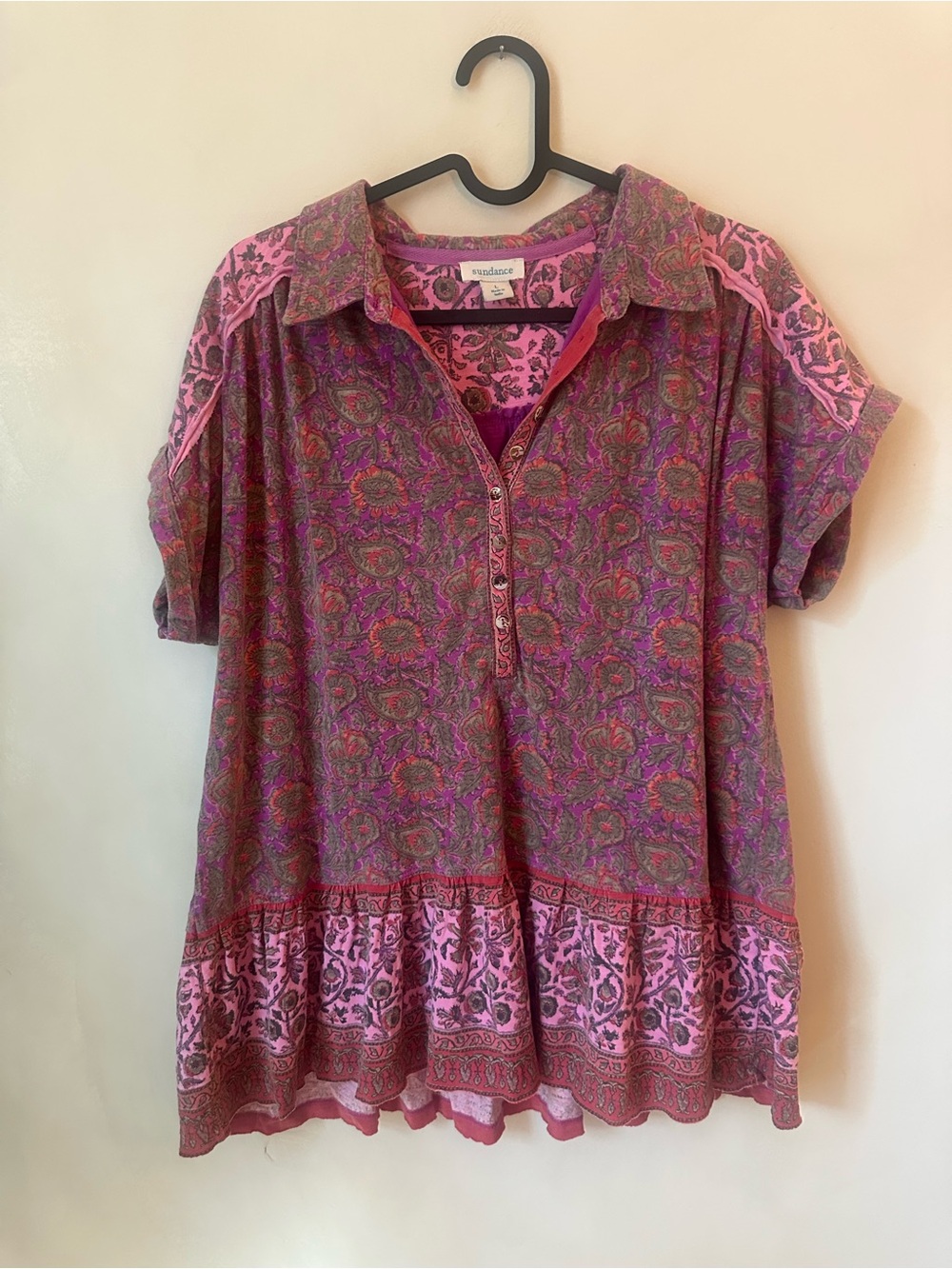 SUNDANCE Women's Calista Mixed Pattern Floral Boho Peplum Henley Knit Top Large